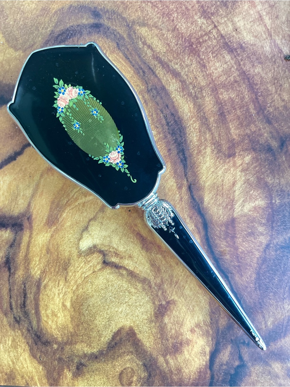 Antique Black Hand Mirror with Green and Pink Floral Motif